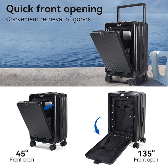 SOKOK Front Pocket Luggage with Spinner Wheels, 24'' Wide Handle Travel Suitcase PC Hardshell Multifunctional Luggage with Charging Port and Cup Holder, Black