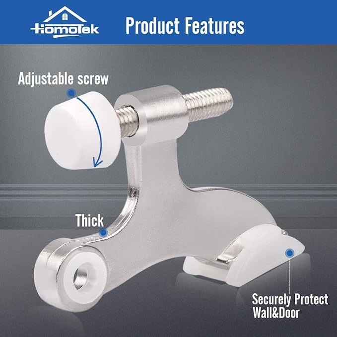 HOMOTEK 2 Pack Hinge Pin Satin Nickel Door Stopper,Adjustable Deluxe Heavy Duty Door Stopper 2-1/2"x1-3/4,with White Rubber Bumper Tips