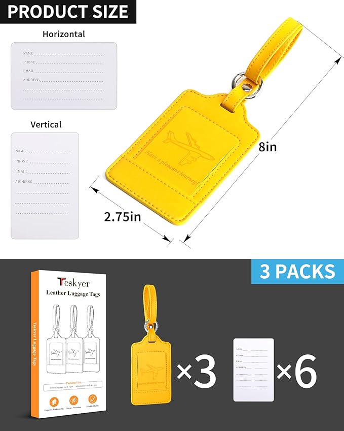 Teskyer Luggage Tags, 3 Pack Premium PU Leather Luggage Tags for Suitcases, Privacy Protection Travel Bag Tags, Yellow