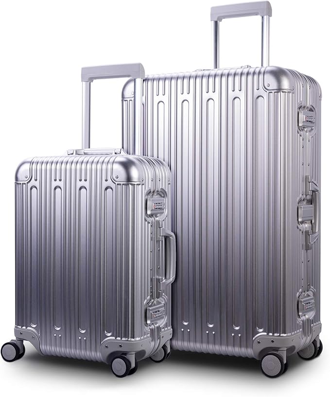 TRAVELKING All Aluminum Luggage Carry On Spinner Hard Shell Suitcase Lightweight Metal Suitcases 20“ & 28 Inch Luggage Set