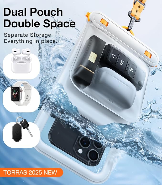 TORRAS IP68 Waterproof Phone Pouch Double Space, Floating Waterproof Phone Case with Lanyard for iPhone 16 Pro Max 15 14 13 S25 S24, Phone Dry Bag Vacation Cruise Ship Travel Essentials 7.0'', White