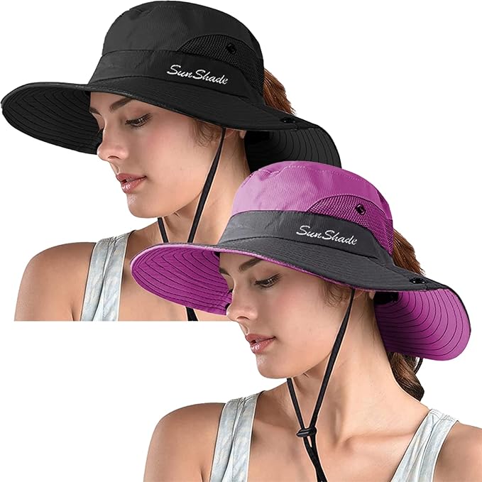 ZOORON Women's Ponytail Safari Sun Hat,Wide Brim UV Protection Outdoor Bucket Hat,Foldable Beach Summer Fishing Hat