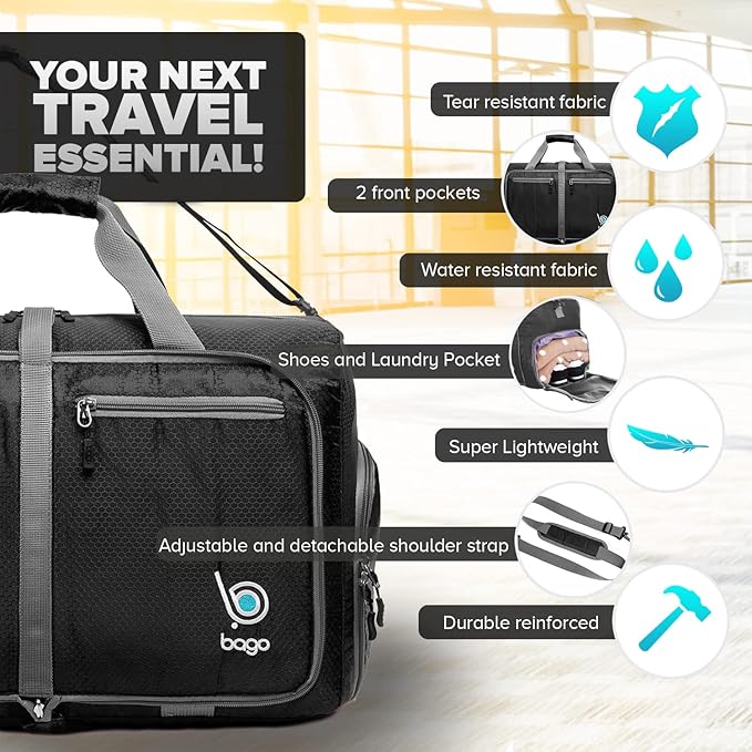 Bago Foldable Duffel Bags for Traveling Women & Men - 60L Medium Packable Duffle Bag for Travel with Shoe Compartment - Water Repellant, Heavy Duty, Lightweight Folding & Collapsible (Black)