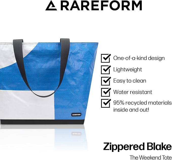 Rareform Large Zippered Blake Tote Bag | One-of-a-Kind, Water-Resistant, Recycled Billboard Vinyl | Color and Pattern Vary