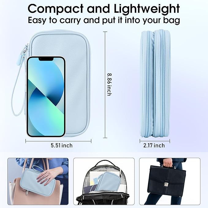 Leather Travel Electronic Organizer - Double Layer, Waterproof Case for Cables, Chargers, Phones & More - Portable, Shockproof Pouch for All Your Electronics Accessories (Light Blue, M)