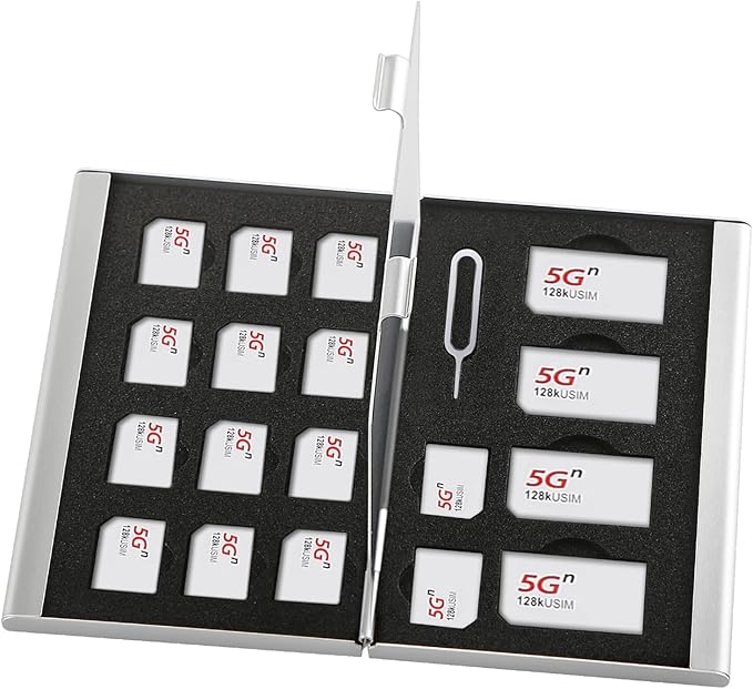 Aluminum SIM Card Case, 19Slots Ultrathin SIM Card Holder, Fit for 4 SIM Card, 14 Micro sim Card and 1 Cell Phone Eject Pin Slots, Silver