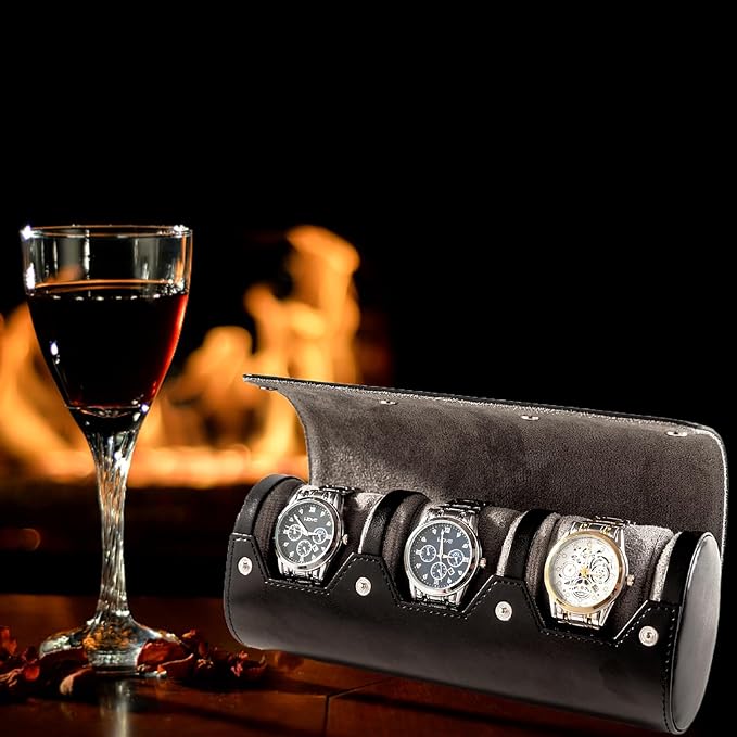 MR.OKAY 3 Watch Travel Case- Classic Leather Watch Case With Perfect Texture.Portable Watch Roll Or Organizer For Storage And Display. Luxury Gifts For Men, All Handmade by Artisans.