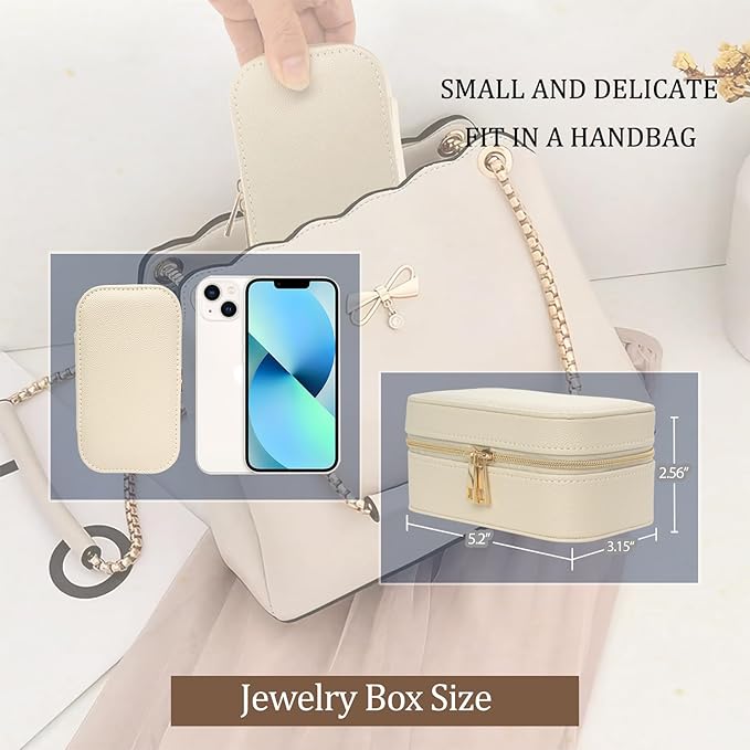 Small Travel Jewelry Case With PU Leather, Sturdy And Smooth Gold Metal Zipper, Perfect Size Suitable For Compact Jewelry Organizer Storage, Small Women's Jewelry Box Travel Accessories Beige