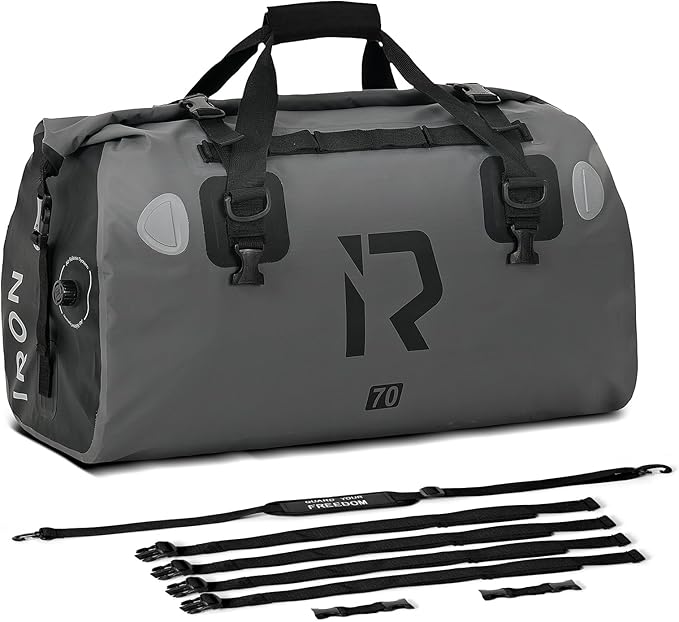 IRON JIA'S Motorcycle Dry Bag - Waterproof Duffle & Luggage Tail Bag Saddle Bags with Roll Top Closure, Shoulder Straps, Inner Pocket and Mesh Pocket (Grey, 70L)