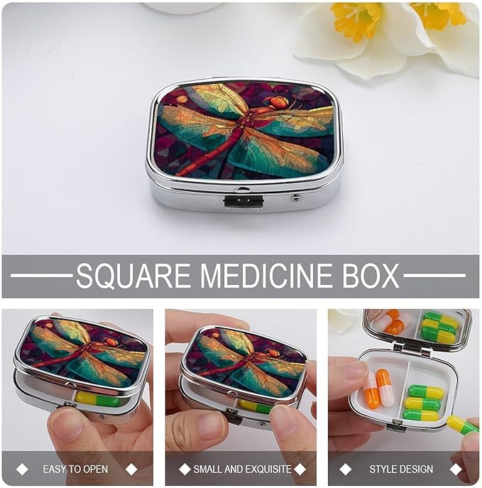 Metal 2 Compartment Pill Organizer Travel Friendly Portable Compact Pill Box Cute Pill Case,for Pocket Wallets Daily Portable Medicine Vitamin Tablet Storage (Dragonfly)
