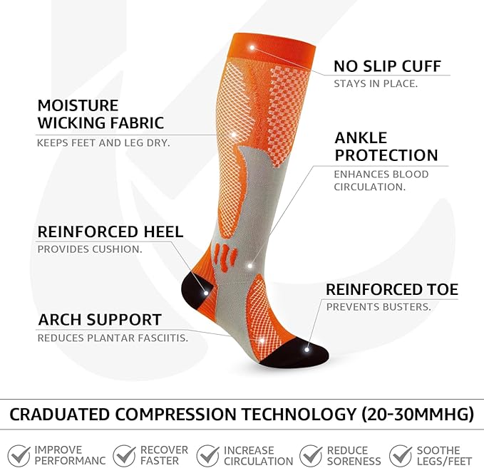 Kickticks 4 Pairs Compression Socks for Woman & Man Unisex 20-30mmHg Knee high Plus Size Wide Calves for Flying Running…
