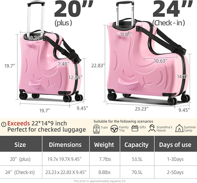 Hardside Ride on Kids Luggage with 4 Spinner Wheels for Girls and Boys,Rolling Childrens Travel Suitcase with Seat and Safety Belt for Toddler Ages 2-6,Verify Carry-on policy 21 Inch Pink