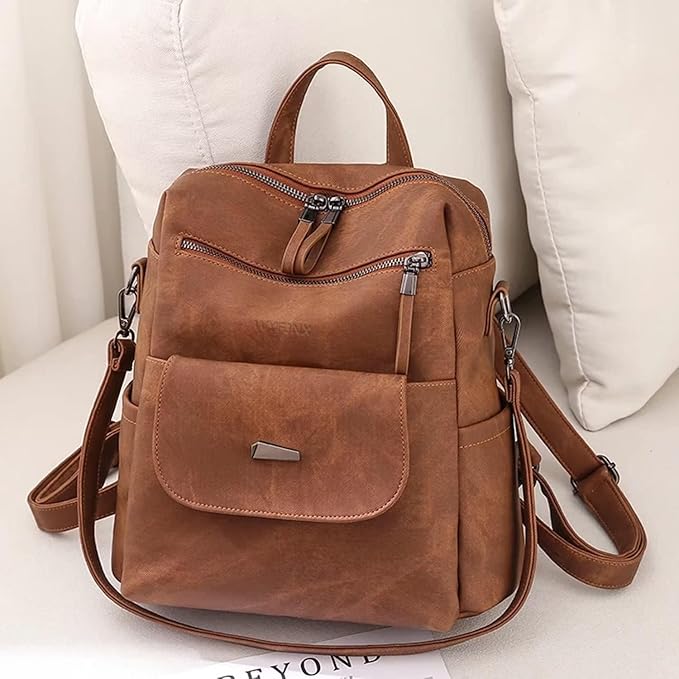 PU Leather Backpack Purse for Women Fashion Multipurpose Design Handbag Ladies Shoulder Bags Travel Backpack Brown