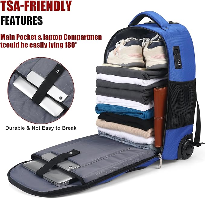star cloud 21x14x9 Rolling Backpack with Wheels - Water-Resistant, 17.3" Laptop Compartment, Ideal Carry-On for Overnight Travel, College, Work - Wheeled Business Backpack for Adults (Blue)