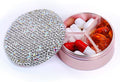 Small Pill Case 3 Compartments, Metal Round Portable Pill Box, Waterproof Travel Pill Organizer, Pocket Purse Medicine Vitamin Holder EDC Container (Rose Gold with Rhinestone)