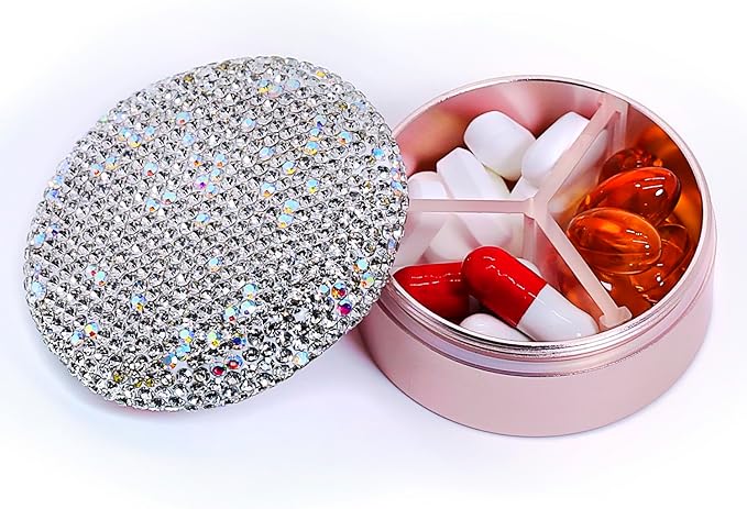Small Pill Case 3 Compartments, Metal Round Portable Pill Box, Waterproof Travel Pill Organizer, Pocket Purse Medicine Vitamin Holder EDC Container (Rose Gold with Rhinestone)