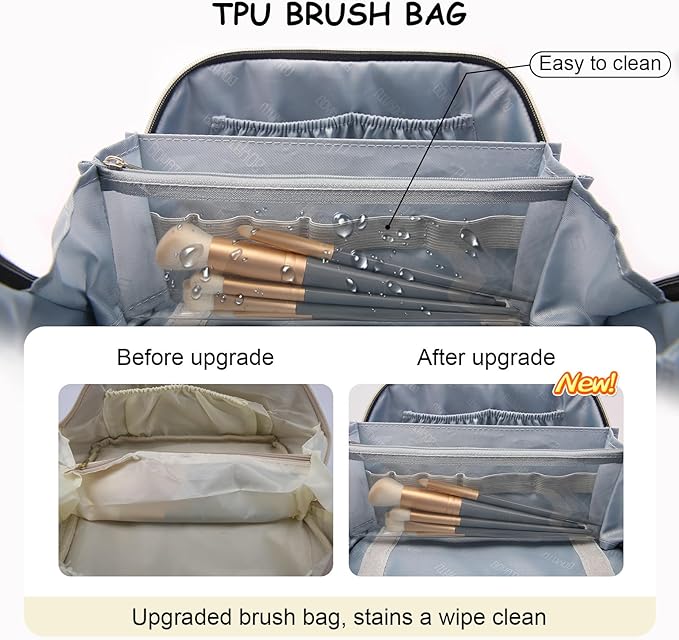 Travel Makeup Bag Organizer Cosmetic Bag: 3 Pcs Set Make up Bags for Women with Handle - Waterproof Vegan Leather Toiletry Bags with Comparments (C-04-Beige)