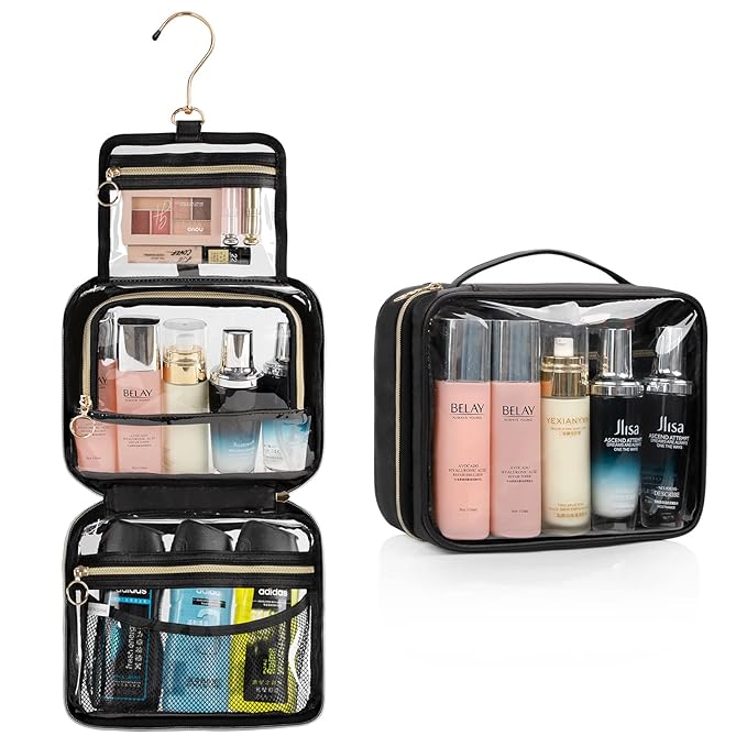Toiletry Bag for Men, Clear Hanging Toiletries Bag for Travelling, Transparent Makeup Bag Organizer Portable Skincare Cosmetic Pouch for Women, 3 Compartment