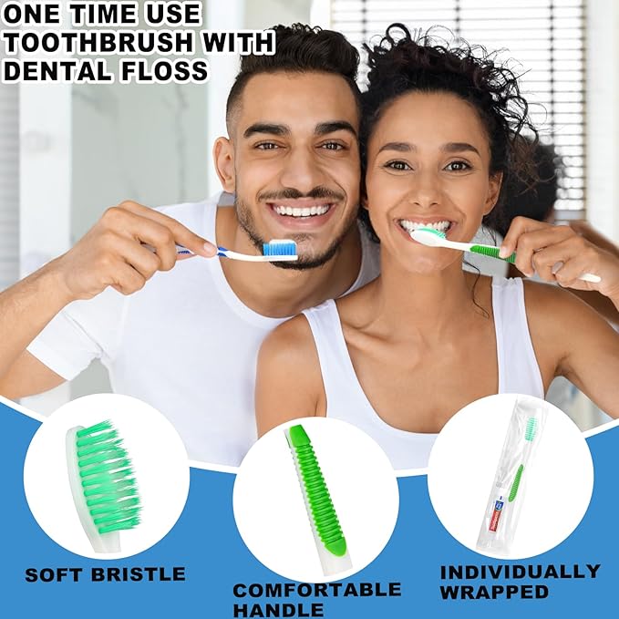 Disposable Toothbrushes with Toothpaste and Floss,100pcs Single Use Individually Wrapped Disposable Travel Toothbrushes and Dental Floss Kit Bulk for Homeless,Airbnb,Dentist,Hotel(5 Colors)