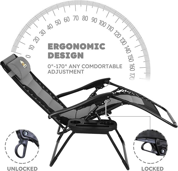 Oversized Padded Zero Gravity Lounge Chair Set of 2, Foldable Patio Anti Gravity Reclining Chairs Folding Lawn Recliner with Cup Holder for Yard, Camping, Outdoor, Support 350 LBS, Black