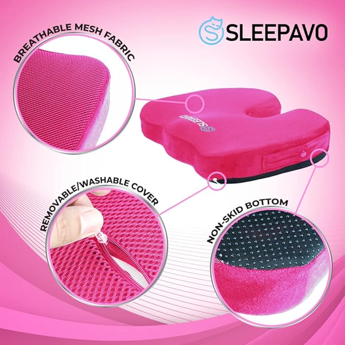 Sleepavo Office Chair Cushion - Seat Cushion for Tailbone Pain Relief - Butt Pillow for Coccyx, Sciatica, and Lower Back Pain - Orthopedic Chair Pad for Lumbar Support in Office Desk (Pink)