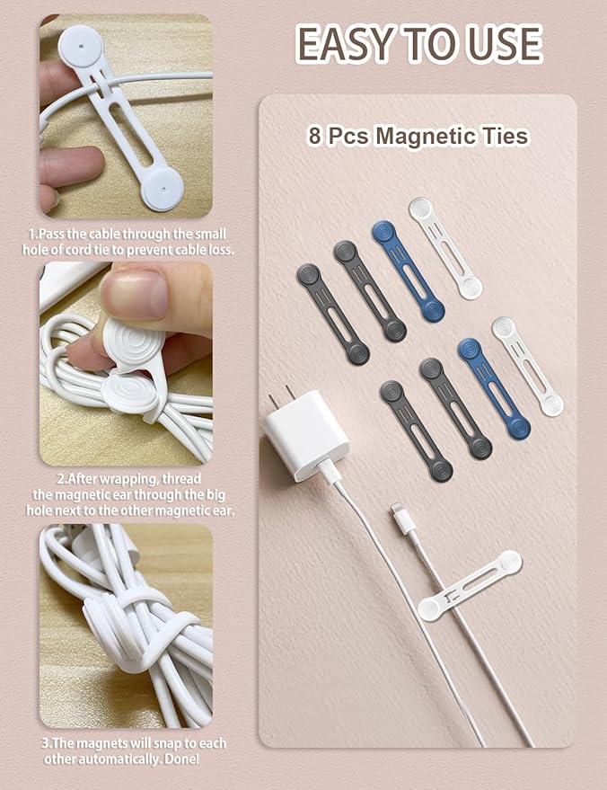Kanemc 8 Pack Magnetic Twist Ties, Silicone Magnet Cable Tie Reusable Cord Strap For USB Earphone Charger Video Game Cables (2White+4Gray+2Blue)