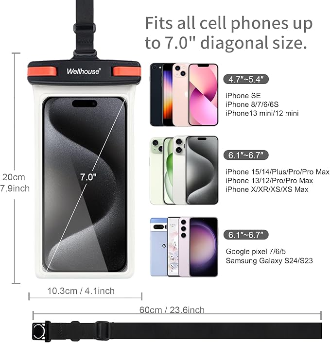wellhouse Waterproof Phone Pouch, Waterproof Phone Case for iPhone 16 15 14 13 12 Pro Max XS Samsung, IPX8 3D Cellphone Dry Bag Beach Essentials (1 Pack - Black/Red Clasp7.0, 7 inch)