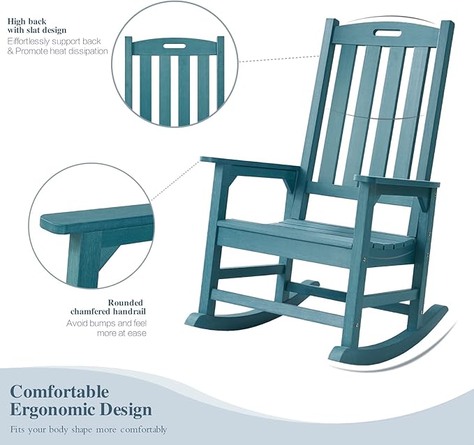 Psilvam Oversized Outdoor Rocking Chair Set of 2, Porch Rocker with 21" Wide Seat and 32" Tall Backrest, Pre-Assembled with Most Components for Effortless Installation (Blue)