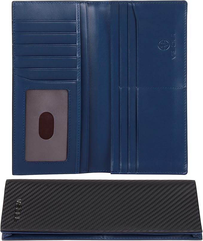 VISOUL Mens Leather Long Checkbook Bifold Wallets with RFID Blocking, Carbon Fiber Leather Tall Wallets for Men (Black+Blue)