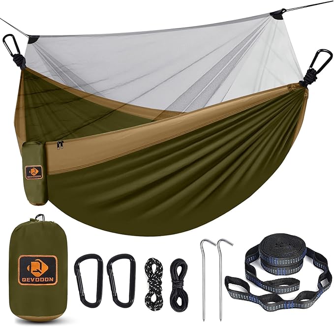Camping Hammock with Net,Portable Lightweight Double Hammocks with Tree Straps and Solid D-Shape Carabiners,Parachute Nylon Hammock for Backpacking Beach Backyard Patio Hiking Green&Khaki