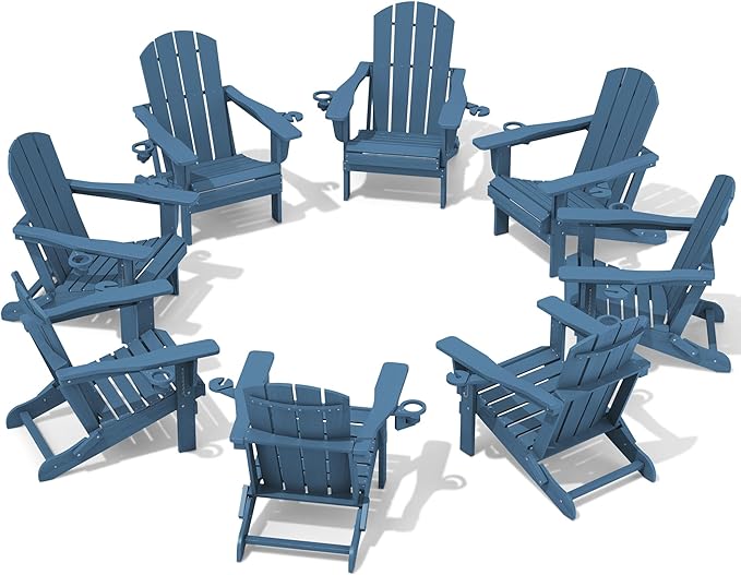 SERWALL Folding Adirondack Chair, HDPE Adirondack Chairs Set of 8, Plastic Outdoor Chairs- Looks Exactly Like Real Wood- Navy