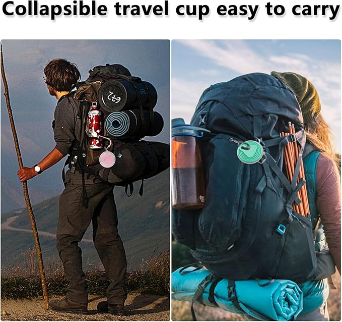 Litoexpe 2 Pack Silicone Collapsible Travel Cup Portable Folding Camping Cup Sets with Lids, Pink & Green, Capacity 9.22oz (270ml)