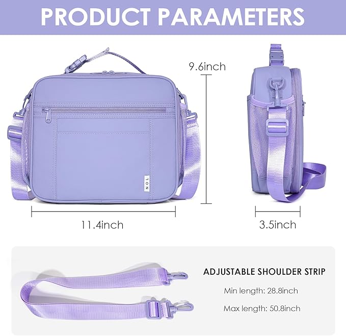 NOL Kids Lunch Bag -Kids 3+ Reusable Insulated Lunch Box with Zipper Closure Buckle Handle Adjustable Long Shoulder Strap, Easy-Clean Waterproof Fabric, Children Lunch Tote Bag for School-Light purple