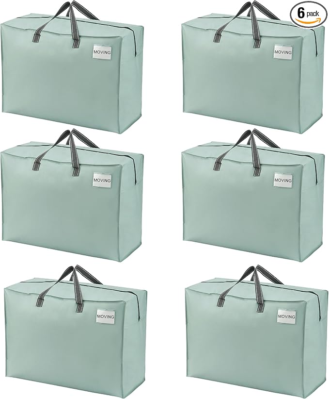 VENO 6 Pack Heavy Duty Moving Bags, Storage Bags, Packing Supplies, Top Zipper, Storage Totes for Camping, Clothes, Bedding, Comforters, Pillows (27 Gallon Light Green, 6 Pack)
