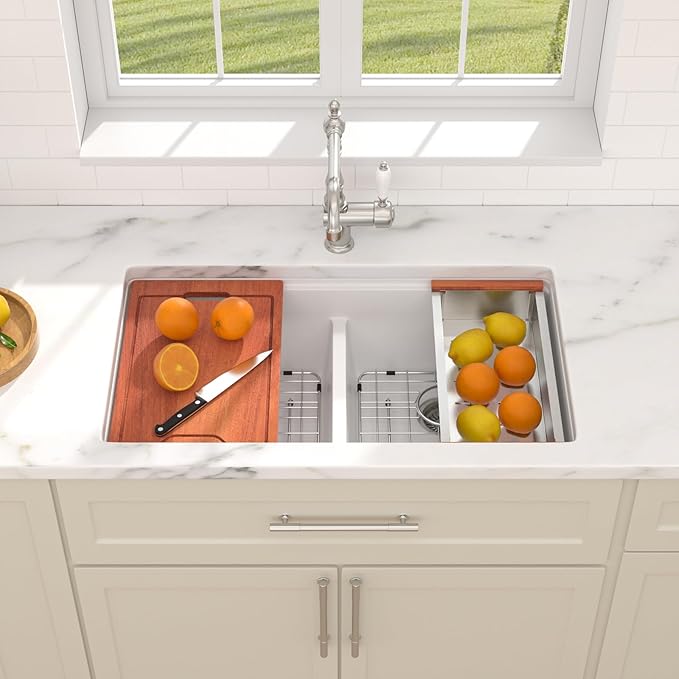 Dcolora 33 Inch Granite Compoisite Kitchen Sink White Undermount Kitchen Sink 50/50 Double Bowl Workstation Elegant Under Counter basin 33"×19“×10”，#DC-GX3327