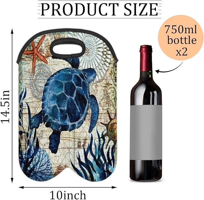 Vintage Sea Turtle 2 Bottle Wine Carrier Tote Bag Insulated Neoprene Portable Wine Cooler for Travel Picnic Beach