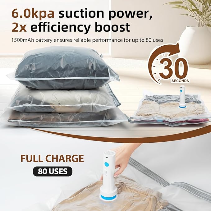 Vacuum Seal Bags for Clothing Travel, 16 Pack (3 Jumbo/3 Large/3 Medium/3 Small/4 Roll) Vacuum Storage Bags with Portable Electric Pump, Space Saver Bags for Luggage, Suitcase, Clothes, and Blankets