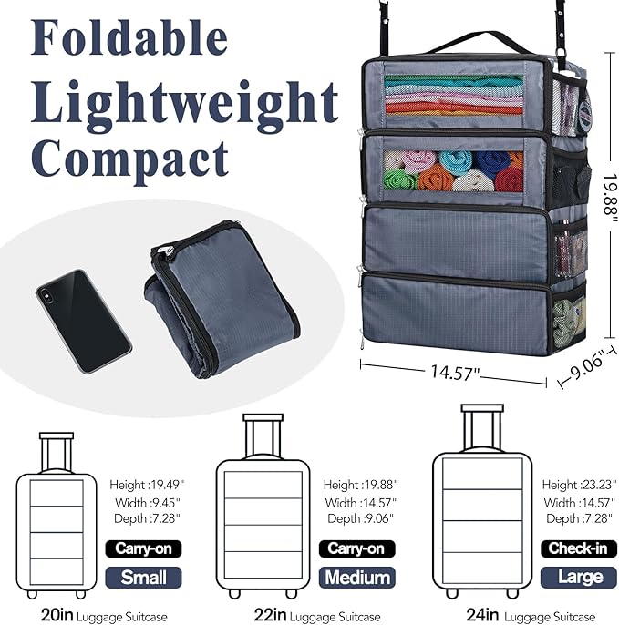Hanging Travel Organizer, Carry-On Luggage Suitcase Organizer, Portable Travel Shelves Packing Cube for Cruise, Gray