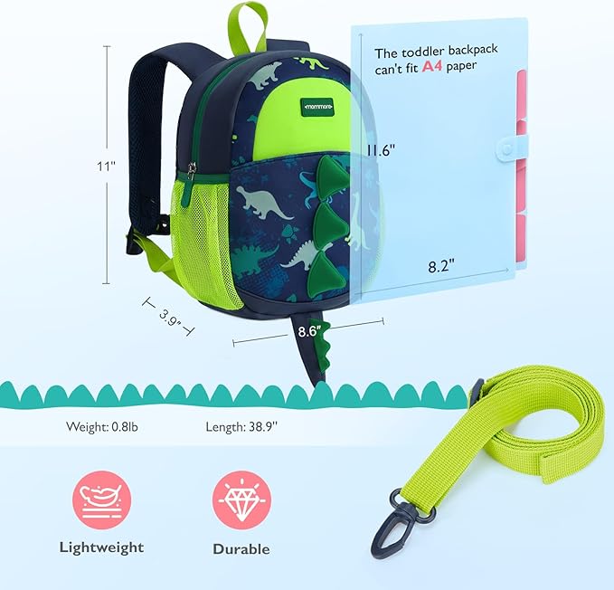 mommore Toddler Backpack for Boys 2-4 Small Cute Dinosaur Backpack with Kids Leash, 3D Cartoon Preschool Kindergarten Bookbag for Pre-k, Green