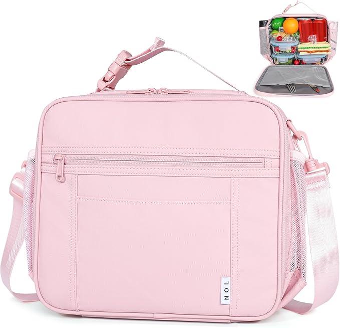 NOL Kids Lunch Bag - Kids 3+ Reusable Insulated Lunch Box with Zipper Closure Buckle Handle Adjustable Long Shoulder Strap, Easy-Clean Waterproof Fabric, Children Lunch Tote Bag for School -Pink