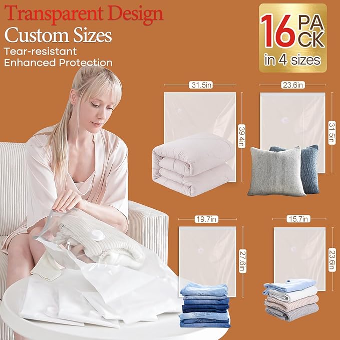 Vacuum Seal Bags for Clothing, 16 Pack Vacuum Storage Bags with Wireless Charging Air Pump(4J+4L+4M+4S), Space Saver Bags for Clothes Blanket Duvets Pillows Comforters Travel
