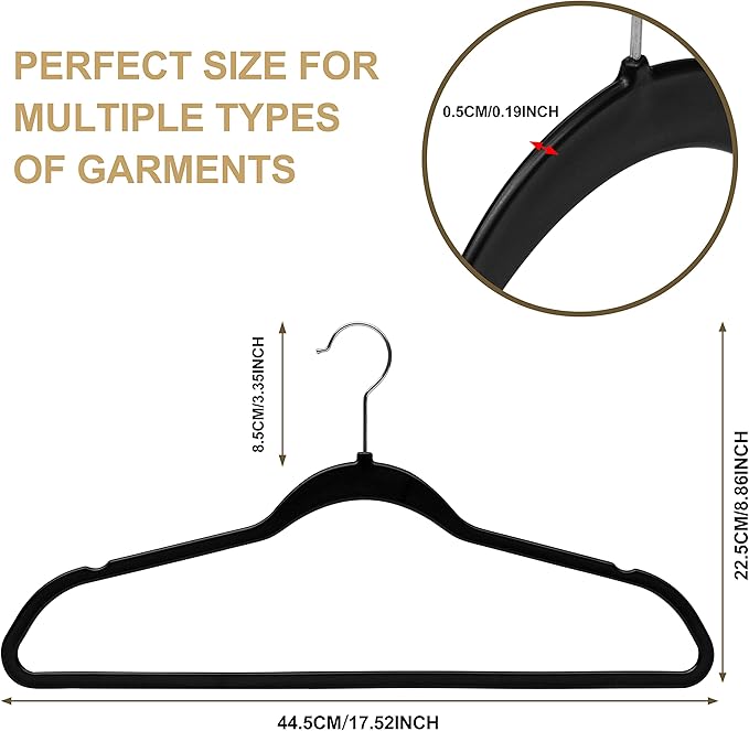 Quality Hangers 50 Pack Slim Plastic Hangers for Clothes - Heavy Duty Non-Velvet Black Hangers with 360° Swivel Chrome Hook & Non Slip Notches - Ideal for Dresses Coats Shirts Jackets & More - Black