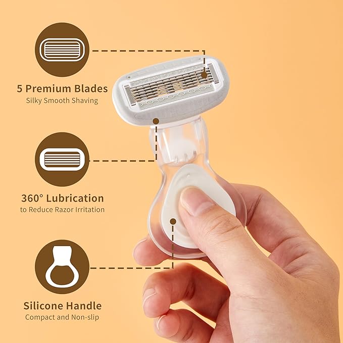Mini Razors for Women, Extra Smooth On The Go Razor with 1 Travel Case + 1 Handle + 5 Blade Refills + 1 Gift Box, 5 Blades Portable Body Razor for Shaving and Hair Removal (White)