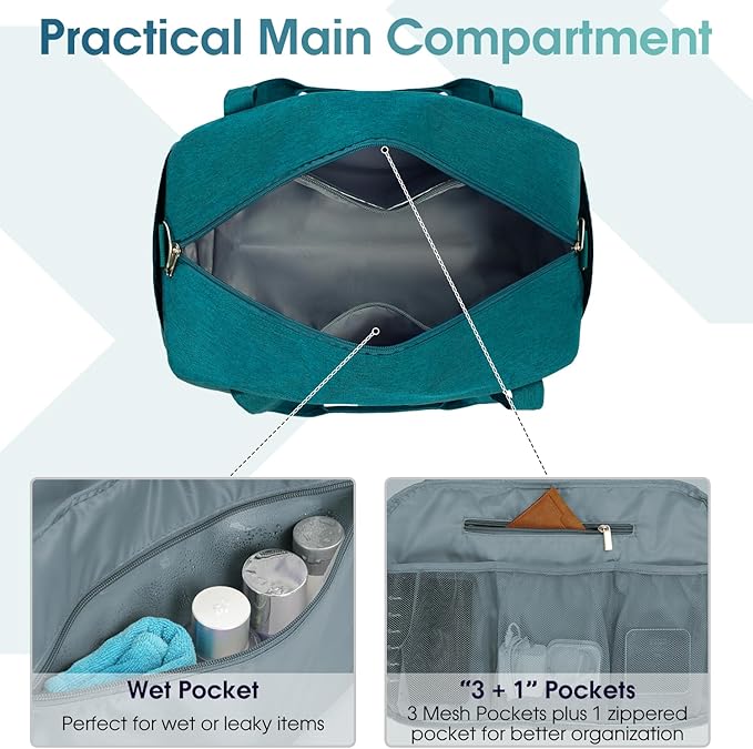 Narwey 18" Carry on Bag Underseat for Airplane with Wet Pocket Spirit Airlines Personal Item Bag Travel Duffel Bag Small Gym Bag Weekender Overnight for Women and Men (Teal)