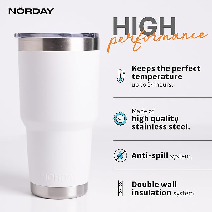 NORDAY | Tumbler with Lid - 30oz - White Insulated Tumbler - Stainless Steel Tumblers - Double Wall Vacuum Insulated Travel Coffee Mug for Car Cup Holder - Keeps Temperature for 24hr - Anti Spill Lid