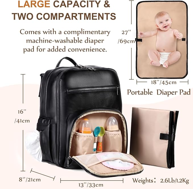 VASCHY Diaper Bag Backpack for Mum Dad, Unisex Large Waterproof Vegan Leather Baby Bag with Changing Pad,Insulated Pockets,Padded Laptop Sleeve for Travel,Black