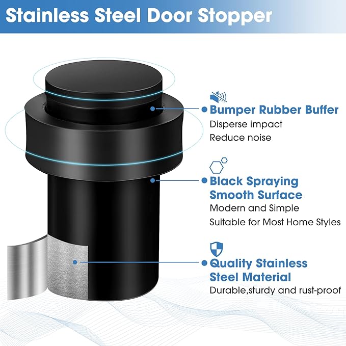 Chumia 30 Pcs Door Stopper Mounted Floor Stops Stainless Steel Cylindrical Stopper Modern Decorative Rubber Bumper Stops Holder Wall Protector for Bottom or Top of Door (Black)