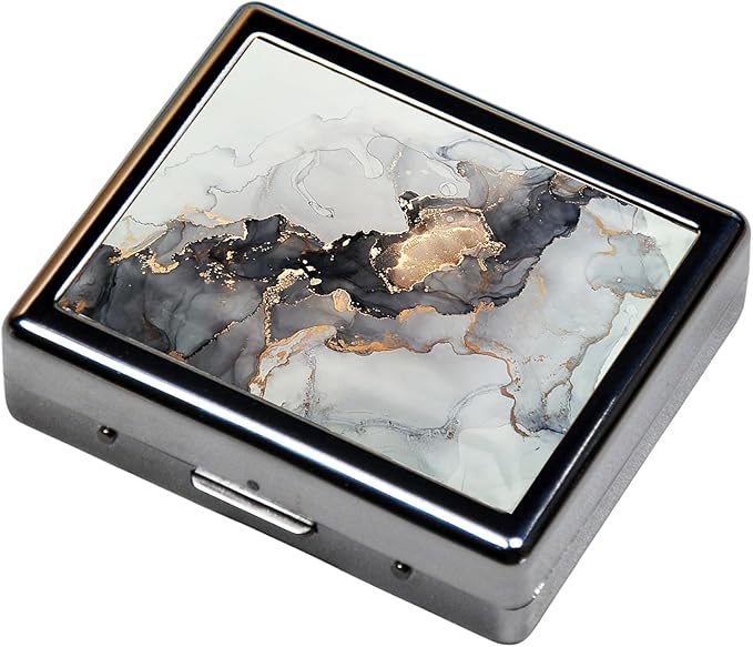 Silver Vintage Pill Box 7 Day Metal Pill Box with Mirror and 8 Compartments Cute Travel Pill Organizer for Purse (Black Gold Abstract Marble)