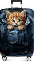 ANNA QUEEN Cute Kitten in Pocket Luggage Cover, Funny Cat Suitcase Protector with Denim Print, Stretchable & Washable Spandex Travel Cover for 32-34 Inch Luggage