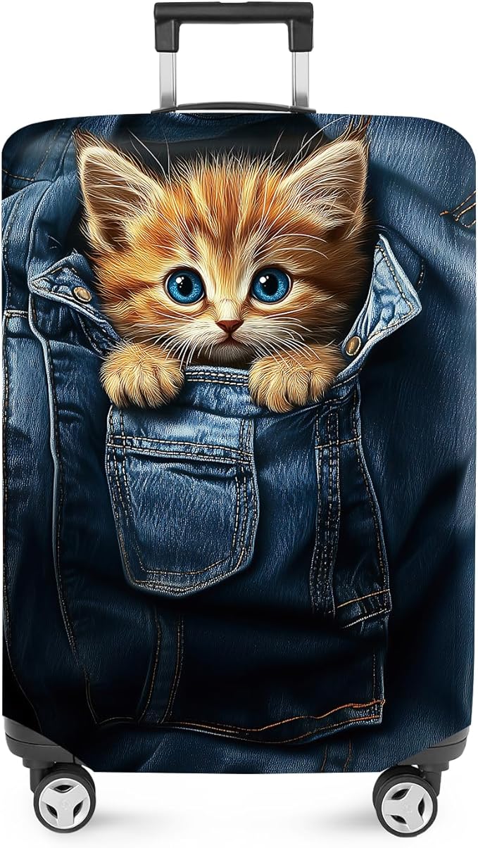 ANNA QUEEN Cute Kitten in Pocket Luggage Cover, Funny Cat Suitcase Protector with Denim Print, Stretchable & Washable Spandex Travel Cover for 32-34 Inch Luggage